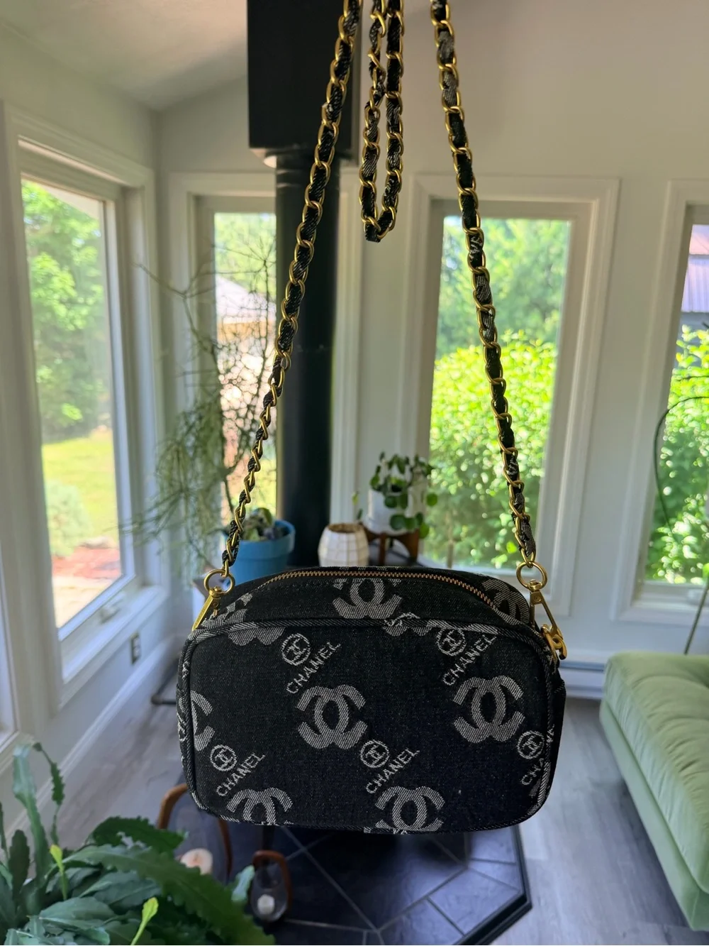 Chanel MAKEUP Dark Denim CC Branded Hand Bag w Gold Hardware/CC Branded DustBag